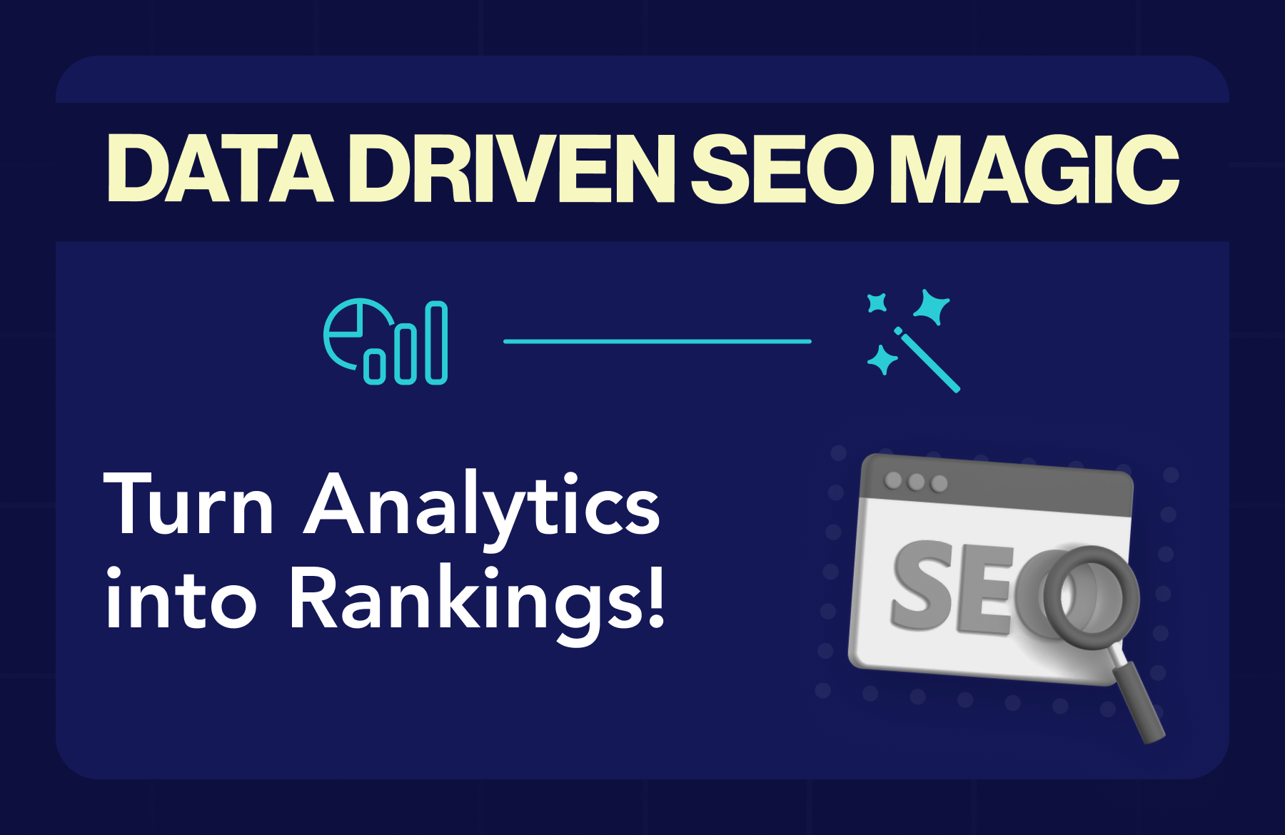 Illustration of a data-driven SEO strategy, featuring analytics, keywords, and rankings to improve website visibility.